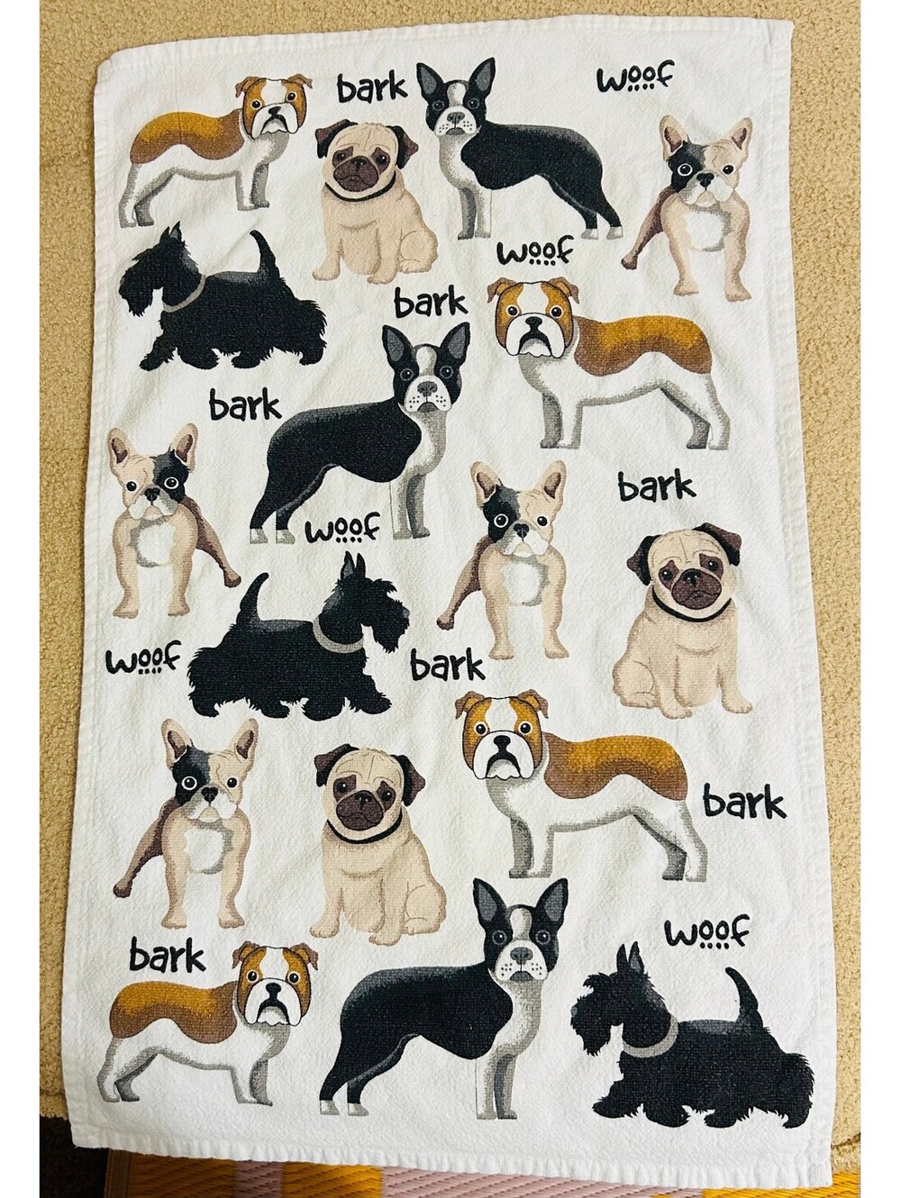 Dog Print Kitchen Towel Pug French Bulldog Boston Terrier Scottie Bark Woof